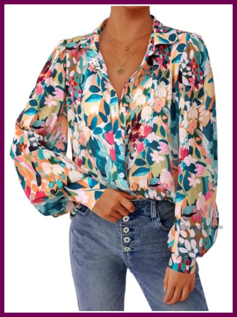 Womens Floral Chiffon Button Down Blouse Long Sleeve V Neck Boho Top